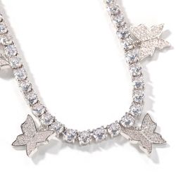 Mode-Utterfly Tennis Collier Nieuwe Mens Dames Heup Hop Ketting Sieraden Zilver Roze Iced Out Out Diamond Chain Ketting