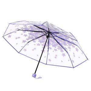 Parapluie transparent à la mode résistant aux UV Parapluie à trois volets en fleurs de cerisier Parapluies semi-automatiques à long manche W4