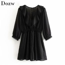 Fashion V Nek Zwarte jumpsuit Dames Dot Borduurwerk Ruches Korte playsuit Vrouwelijke halve mouw Chiffon Elegant Moda Mujer 210515