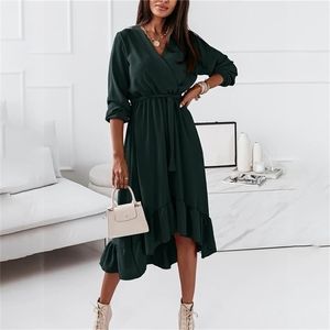 Mode col en V à manches longues vert Robe Midi femmes automne vêtements décontracté élégant bureau dames robes pour Femme Robe Femme 220317