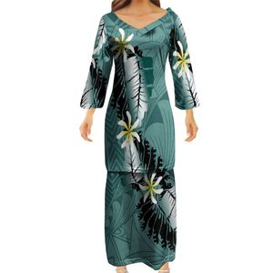 Mode V-cou Puletasi Polynésien Samoan Vêtements Traditionnels Uniforme Personnalisé Femmes Couples Robe Manches Trois-Quarts Ptaha 220706