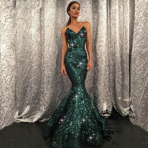 Mode V-hals Lovertjes Prom Jurken Charmant Glitterende Mermaid Sweep Trein Formele Avondjurken Nieuwe Collectie Sexy Speciale Gelegenheid Jurken