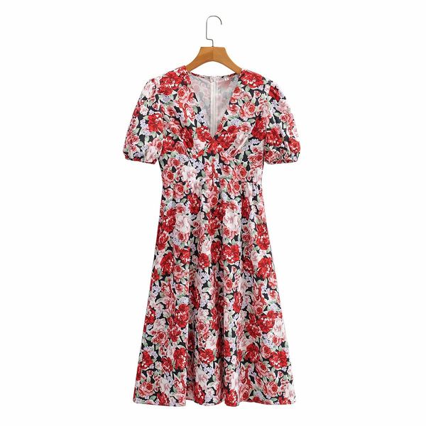 Vestido de mujer de manga corta con cuello en V a la moda Vintage elegante estampado de flores cintura temperamento Mini Vestidos Mujer 210507