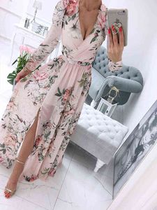 Mode V-cou Wrap plissé Party Maxi Dress Sexy Retro Floral Print Slit Dress Mujer Femmes D'été À Manches Longues Imprimer Boho Dress Y220418