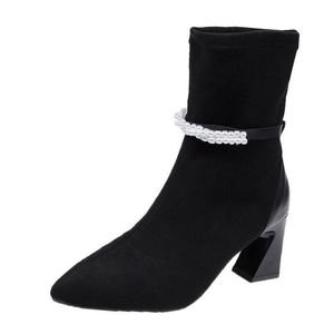 Fashion Veet Winter 49A0F plus warme middenkalf laarzen vrouwen dikke hoge hakken laarsjes botas de mujer puntige teen slip op damesschoenen