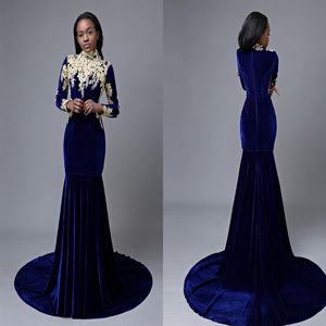 Mode velours sirène robe de bal pas cher bleu royal manches longues 2020 or dentelle appliques balayage train fermeture éclair soirée robe formelle Go236u