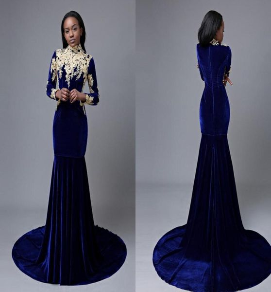 Fashion Velvet Sirène Robe de bal bon marché Blue Blue Long Sleeves 2020 Gold Lace Applique Sweep Train Zipper Soirée Robe formelle GO7182354