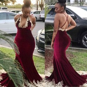 Mode Fluwelen Mermaid V-hals Prom Jurken Goud Applique Plus Size Black Girl Afrikaanse Formele Party Avondjurken Gastjurk Robe de Soiree