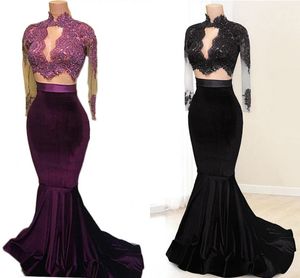 Moda Terciopelo Púrpura Negro Vestido de fiesta 2018 Sirena Largo Barato Diseñador Cuello alto Manga larga Apliques Lentejuelas Vestidos con cuentas Fiesta de noche