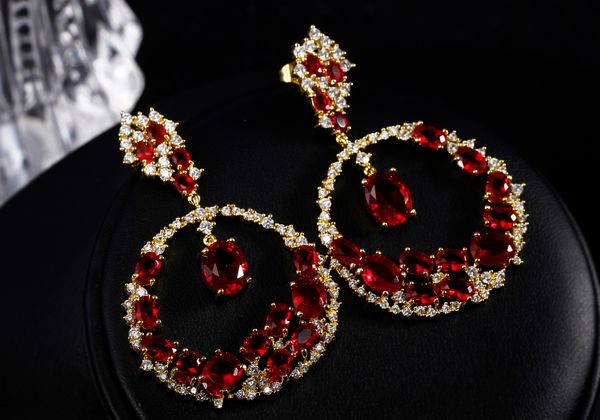 Fournisseur de bijoux Fashion-Très beau travail! Plaqué or avec zircon cubique 4 couleurs, grandes boucles d'oreilles pendantes rondes attrayantes