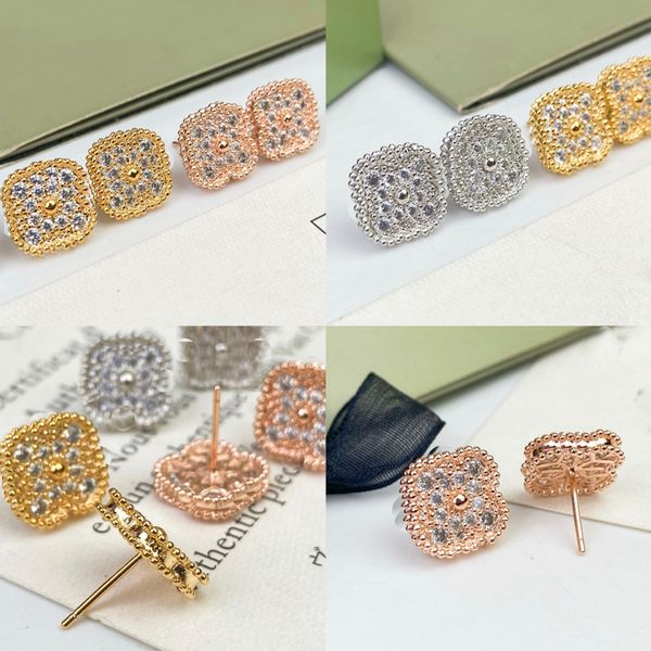 Fashion Vintage 4/Four Leaf Clover Charm Stud Pendientes de plata esterlina Gold Silver Gold Gold Diamonds Mujeres Valentín con caja