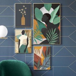 Mode Vintage abstrait noir fille plante toile impression peinture affiche mur Art photos décoration de la maison pour salon chambre P244z