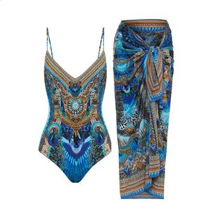 Mode Vintage Art Blue Print Binding Design Split Swimsuit Bikini en Covering Summer Backless Swimwear Smock 240423