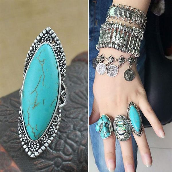 Fashion vintage Bohemian turquoise anneaux pour femmes antique en alliage argenté anneau gitan bobo plage bijoux entier 12 pcs267v