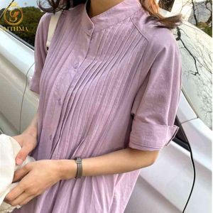 Vestido camisero holgado plisado con botones Vintage a la moda, Vestido de manga corta para mujer, bata informal para mujer 210520