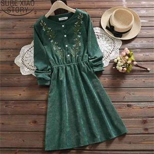 Mode Vintage velours côtelé femmes chemise robe broderie florale élégant automne hiver décontracté dames es Midi 7425 50 210506