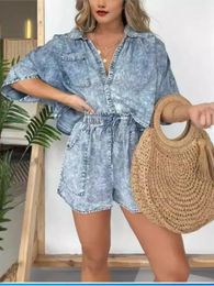 Fashion Vintage Denim Blue Shorts Suit pour les femmes Summer Simple Fashion Pocket String String Casual Loot Tops 2 Piece Set Femme 240420