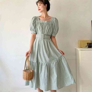 Moda Vintage vestidos mujer verano Puff manga lindo dulce Corea elegante cuello cuadrado Plaid Casual vestido de fiesta 210519