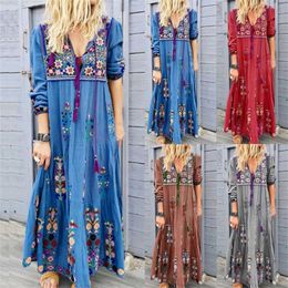 Fashion Vintage Style ethnique Robes longues Sleeved Boho Beach Holiday Robe plus taille lâche Casual Womens 240412