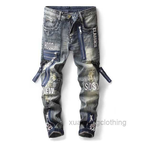 Fashion Vintage Moto Biker Jeans Men Streetwear Rated Denim Pantalones Pantalones con cremallera Macho Slim Fit F5ir