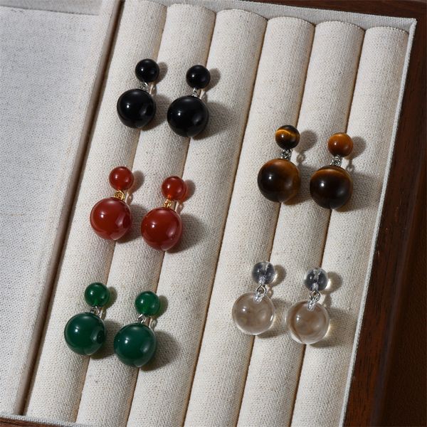 Boucles d'oreilles Vintage en œil de tigre naturel pour femmes, cristal blanc, Agate verte, Double boule, légères, de luxe, charme, bijoux tendance