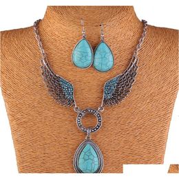 Fashion Vintage Necklace Set Antique Silver Turquoise Jewelry Set Dangle Earrings Classic Pendant Design Fine Jewelry Sets Ccwyr