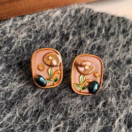 Boucles d'oreilles en perles baroques d'eau douce, peinture à l'huile Vintage, Niche légère, luxe haut de gamme, tendance de charme d'automne et d'hiver