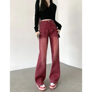 Mode Vintage Red Straight Jeans Streetwear Baggy Jeans Women Casual High Taille Pants Wide Leg Baggy Y2K Denim Trouser 240527
