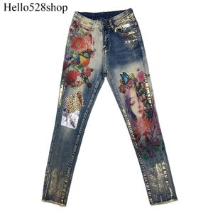 Fashion Vintage à paillettes à paillettes Heavy Imprimée couleur Emboîtement des créateurs extensibles Jeans Skinny Jeggings Pantalons peints de qualité coton