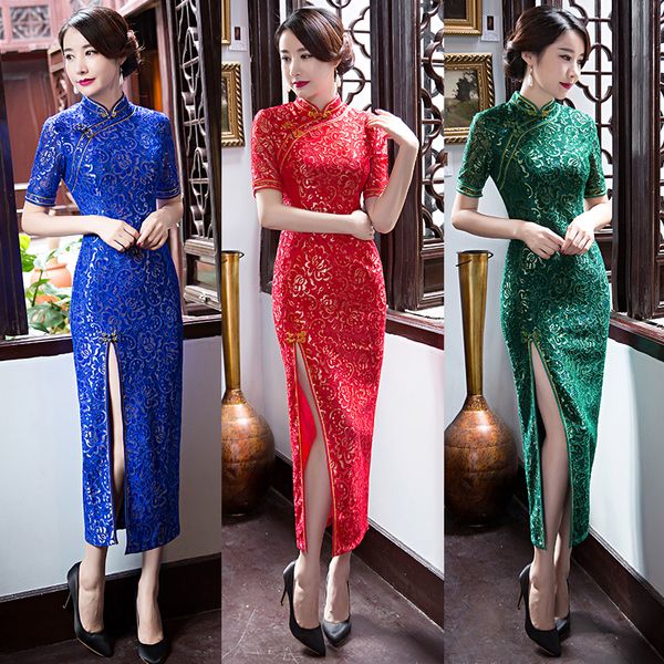 Vestido de fiesta estilo cheongsam de la historia de Shanghai vintage a la moda, vestido sexy para mujer, vestido largo ajustado de verano de una pieza azul, verde y rojo