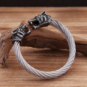 Mode Vintage Viking tête de loup torsadé câble manchette bracelet pour hommes en acier inoxydable 316L Punk animaux bracelets Biker bijoux cadeau 240315