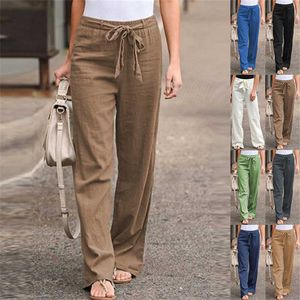 Mode Vintage femmes couleur unie pantalon automne pantalon 2021 décontracté coton et lin taille haute femme ceinture ample pantalons longs Q0801