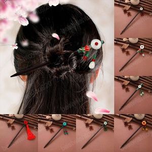 Mode Vintage en bois bâtons de cheveux longs glands fleur fourches à cheveux Style chinois à la main en épingle à cheveux rétro mariée accessoires de cheveux