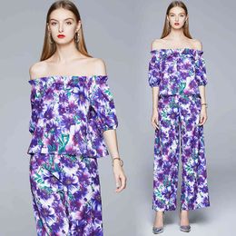 Moda violeta flor impresión traje mujeres fuera del hombro blusas de gasa floral + cintura elástica pantalón de pierna ancha conjunto de pantalones sueltos 210416