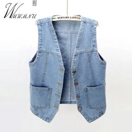 Mode VNeck Denim Westen Frauen Frühling Sommer Kurze Ärmellose Jacke Casual Chaleco Einreiher Oversize Jean Weste 240118