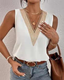 Mode Vneck Lace Patchwork Women Tops en Blouses Summer White Casual Mouwloze tanktop Femme blouse shirt 240321