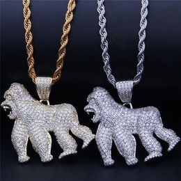 Mode Wandelen Gorilla Hanger Iced Out Bling CZ Steen Dier Kettingen Voor Mannen Rapper Hip Hop Jewelry227i