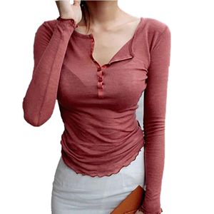 Mode chaud bouton solide mince chemise haut pour femme mince à manches longues T-shirt