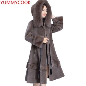 Mode warme schapen geschoren jas vrouwelijke 2018 winter hooded bont medium lengte slanke effen kleur bont dameskleding jas A215