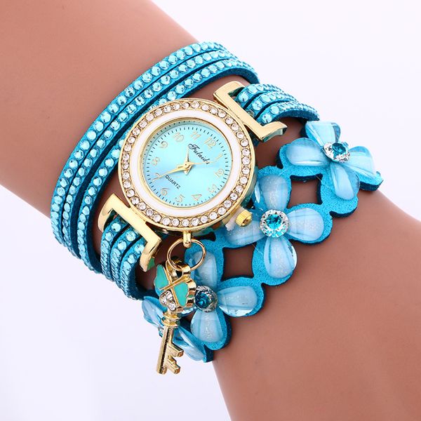 Mode Grande Fleur Chaîne Bracelet Montre Dames Robe Montres À Quartz Étiquette Clé Blosom Plein Cystal Longue bande Bracelets Montre-Bracelet Horloge