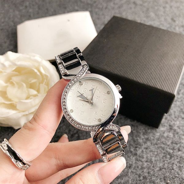 Montre de mode Cadran en diamant en cristal automates électroniques Dames Montre identique tout en acier inoxydable 32 mm montre de haute qualité avec boîte-cadeau