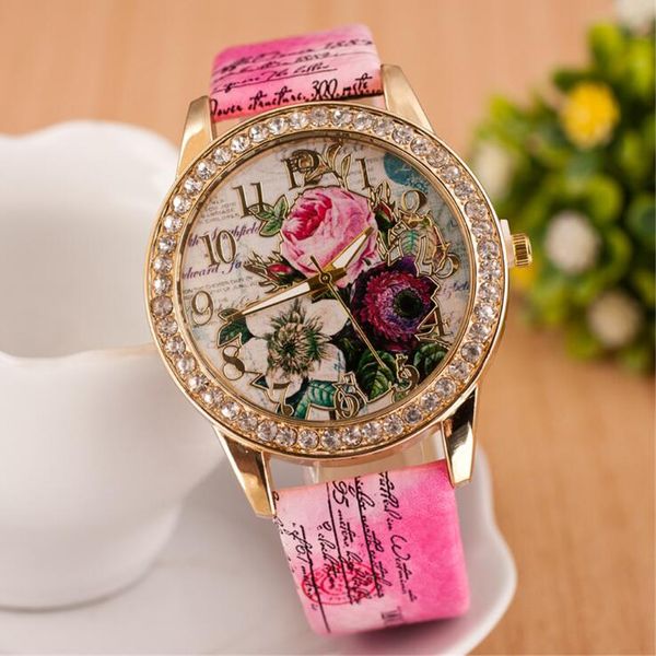 Montre Femmes Mode Strass Fleur Motifs Robe Montres Femme Heure En Cuir Fleur Rose Dame Analogique Quartz Vogue Horloge Relogio