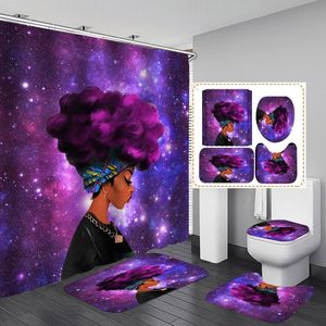 Mode Waterdicht Douchegordijn Vrouwen Badkamer Sets Afro-Amerikaanse Meisje Antislip Badmat Sets Wc Cover Badmat met Hook224e