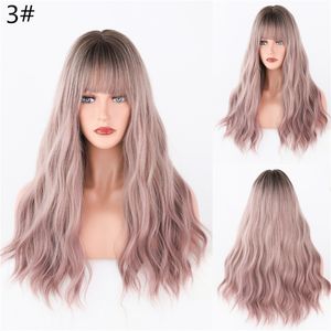 Pelucas onduladas de moda con flequillo para mujer, peluca de pelo largo sintético de Color degradado Natural, pelucas transpirables para Cosplay