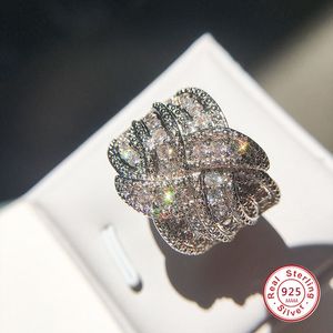 Mode Weave Winding Design réel 5A Micropave Cristal Zircon pierre 925 bague de fiançailles en argent sterling pour les femmes Bijoux de luxe