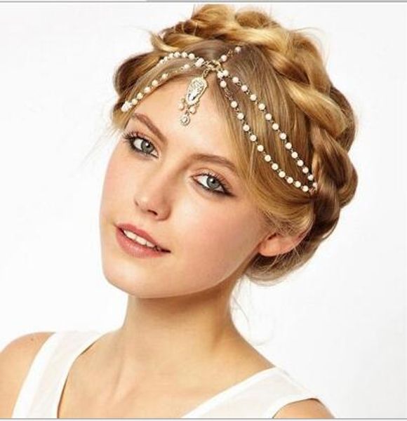 Accesorios nupciales para el cabello de boda a la moda para mujer, cadena de cabeza de perla con cuentas de Metal, joyería india para el cabello, adornos de corona nupcial para mujer HT15