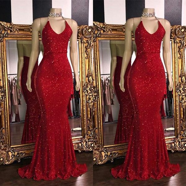 Paillettes rouges scintillantes sexy col en V dos nu robes de bal 2019 licou sirène longue robes de bal dos bas robe de soirée arabe BC1085