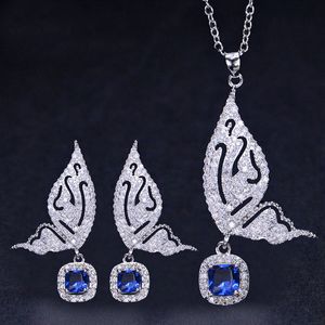 2pcs / set Fashion Wedding Designer Bijoux Set Woman Diamond Butterfly Collier Oreurs Jaune Bleu AAA