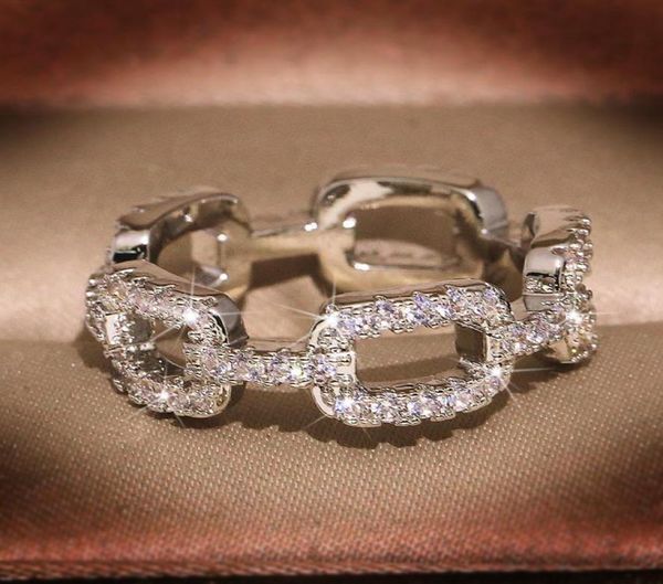 Joyería de boda de moda 100 925 anillos de plata esterlina pavé blanco zafiro CZ cadena de diamantes mujeres banda de lujo anillo de dedo RA09968964225