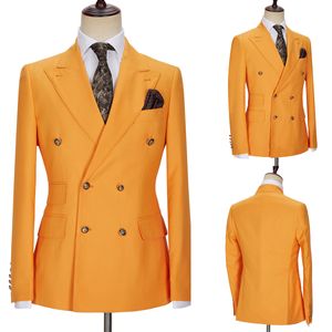 Mode Bruiloft Mannen Pakken Smoking Oranje Bruidegom Slijtage Formeel Pak Custom Size Piekte Revers 3 Stuks Blazer + Vest + broek